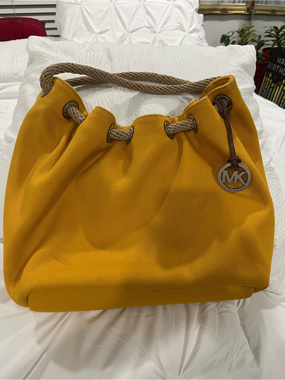 Michael Kors Yellow Canvas Drawstring Hobo with Rope Strap